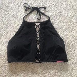 Pink black halter bikini top